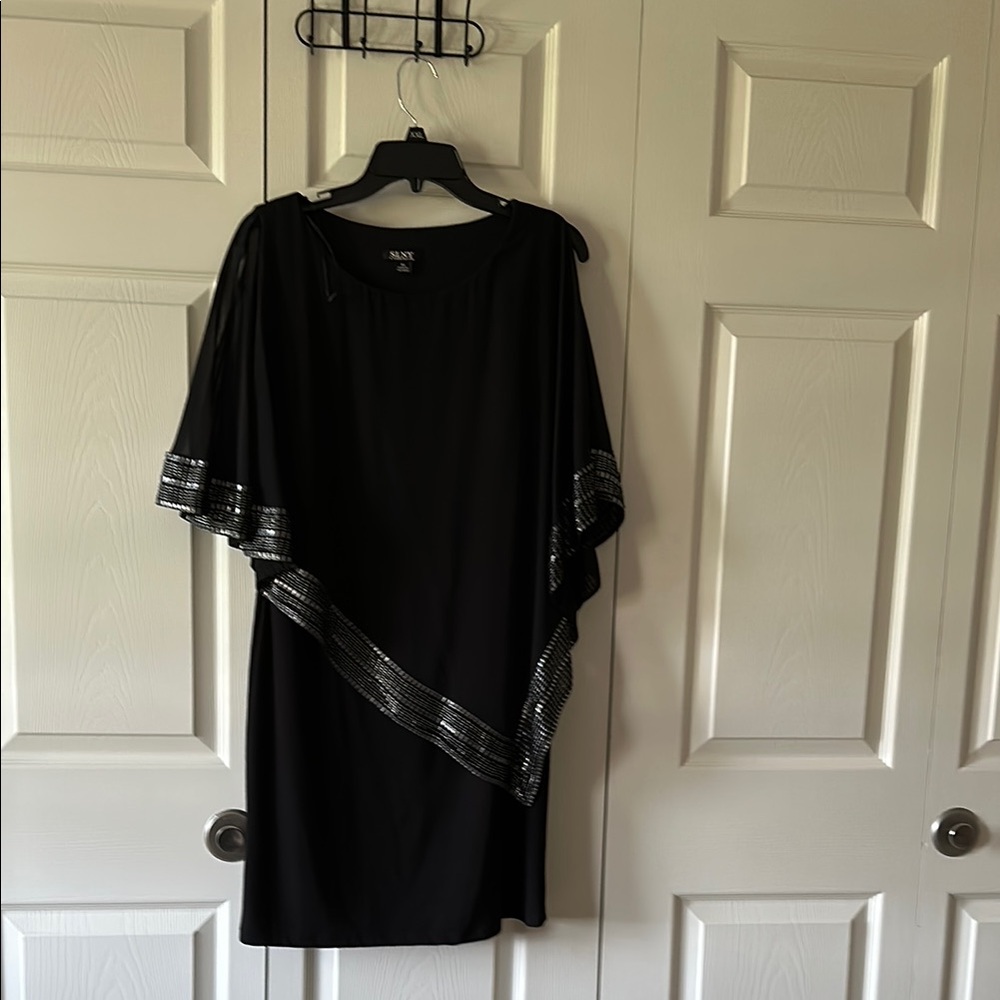 SLNY Black Asymmetrical Sheath Dress with Flutter Sleeves